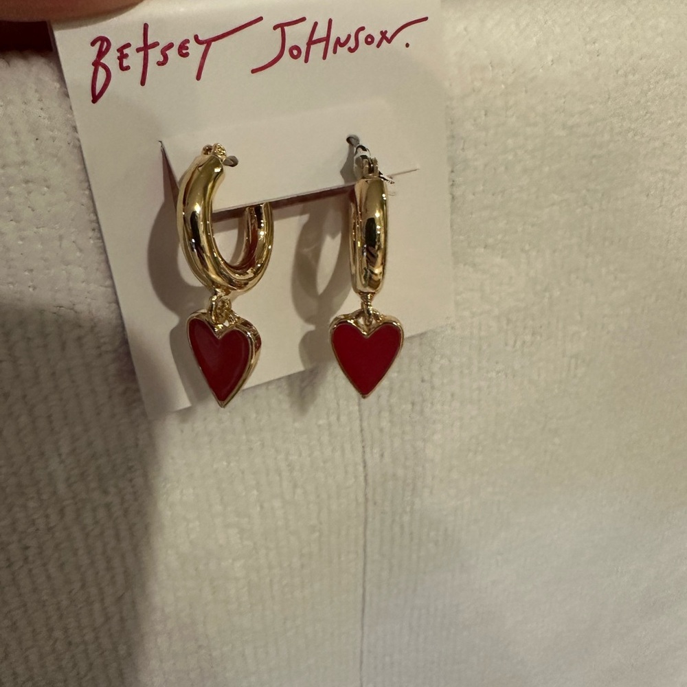 Betsey Johnson Gold Earrings with Red Heart Charms